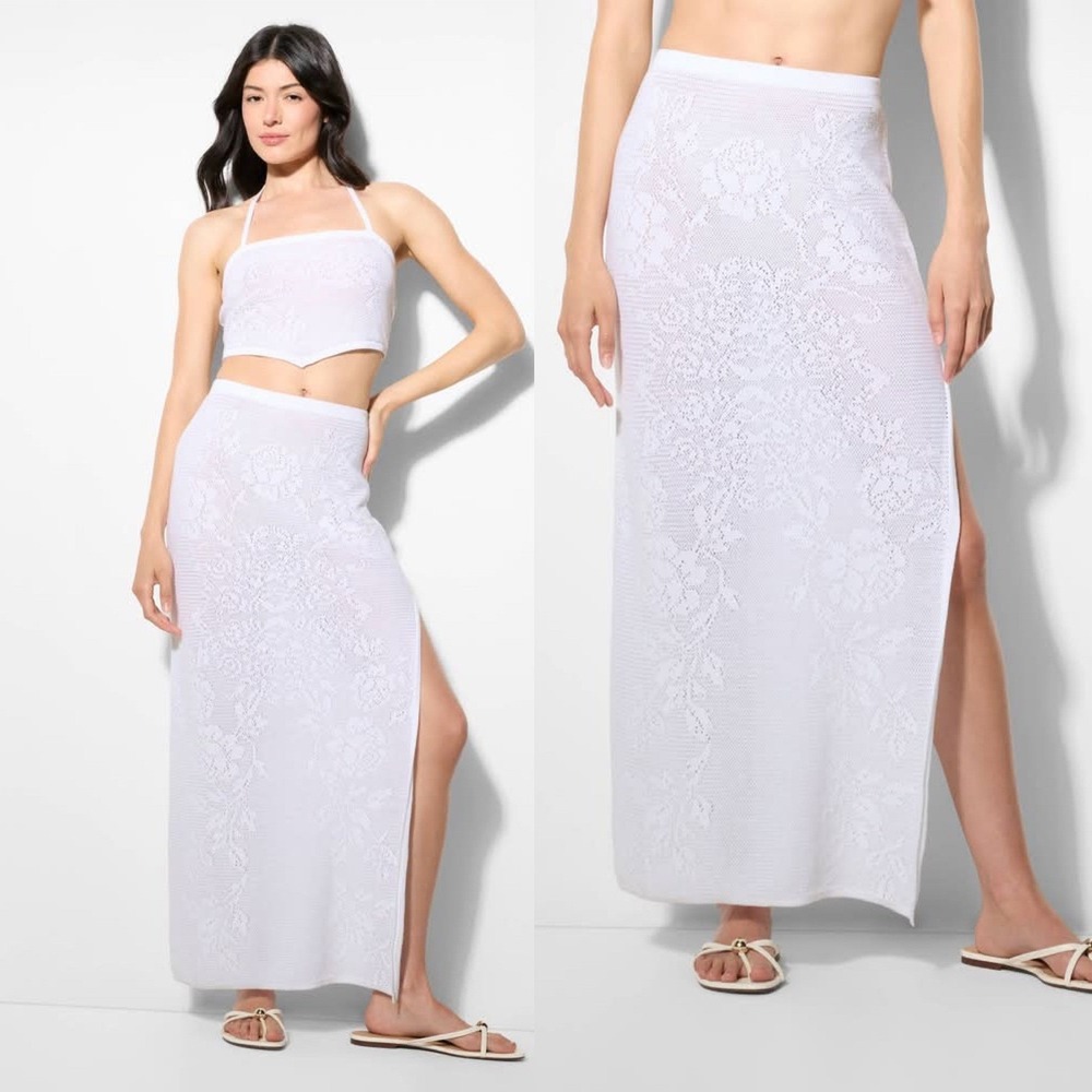 Wild Fable White Floral Pattern Knit Maxi Skirt Side Slit Cotton Cover Up XXL
